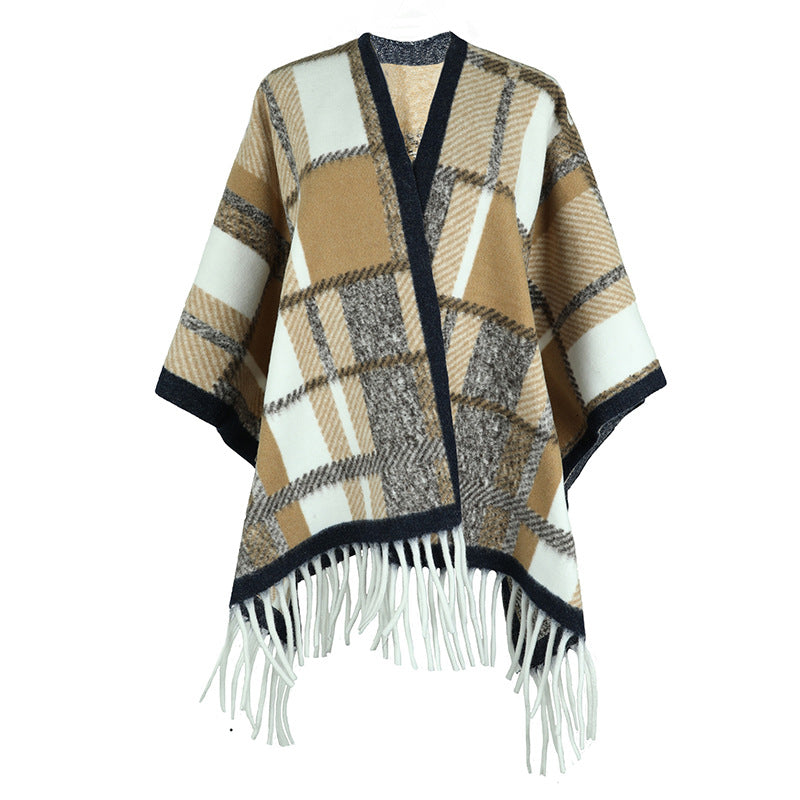 Damen eleganter Poncho mit modernem Karomuster und Fransen EB