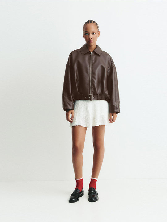 Damen Modische Kunstlederjacke mit weitem Schnitt und Taillengürtel EB