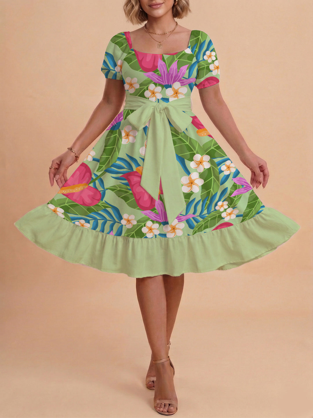 Damen elegantes Maxikleid mit floralem Design und Taillengürtel EB