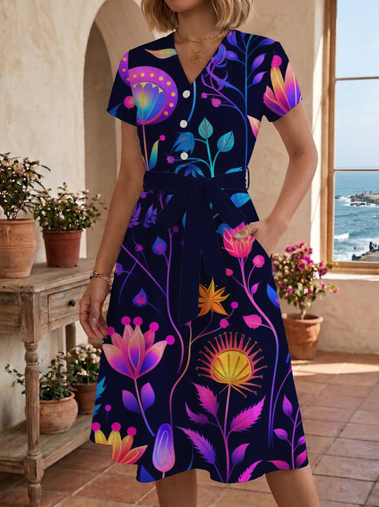 Damen Midikleid mit floralem Motiv und Taillengürtel EB