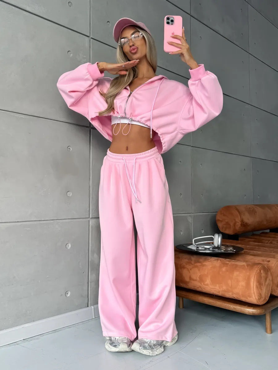Damen Kurz geschnittenes Kapuzen-Sweatshirt und weite Lounge-Jogginghose Set EB