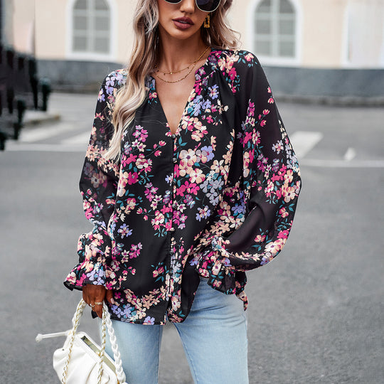 Damen nan Chiffon-Bluse mit floralem Alloverprint, V-Ausschnitt, Knopfleiste und gebundenen Manschetten EB