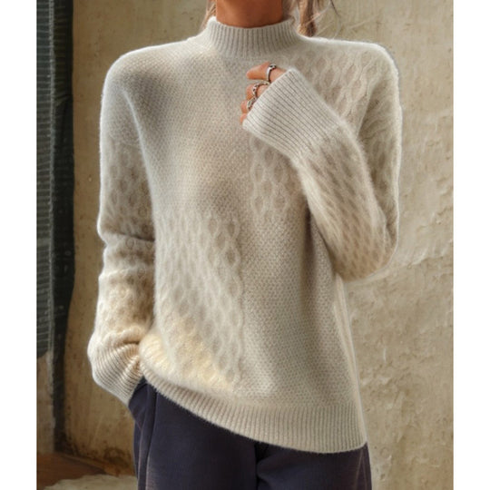 Damen nan lässiger Mohair-Mix Feinstrickpullover mit Strukturmix, Stehkragen und überschnittenen Schultern EB