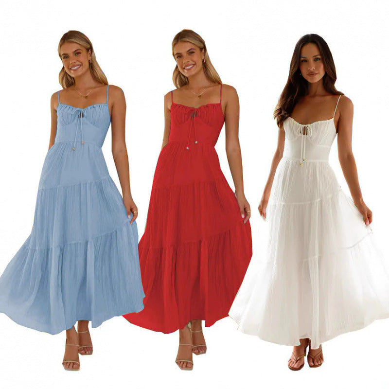 Damen Maxikleid mit herkömmlichem Spaghettiträgerschnitt und romantischem Volantdesign EB