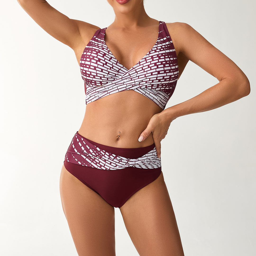 Damen Hochtailliertes Bikini-Set mit geschnürtem Oberteil und grafischen Akzenten EB