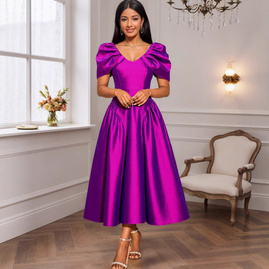 Damen elegantes Midikleid mit voluminösen Puffärmeln und schwingendem Rock EB