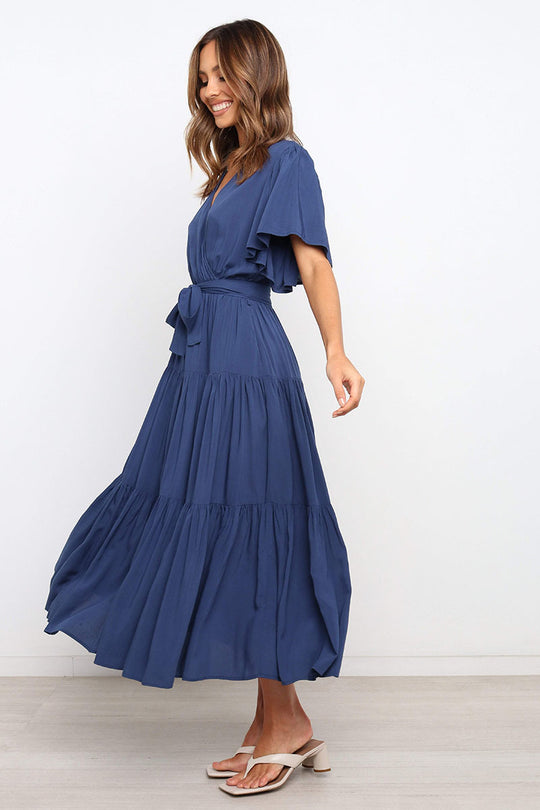 Damen Maxikleid mit tiefem V-Ausschnitt und schwingenden Ärmeln EB
