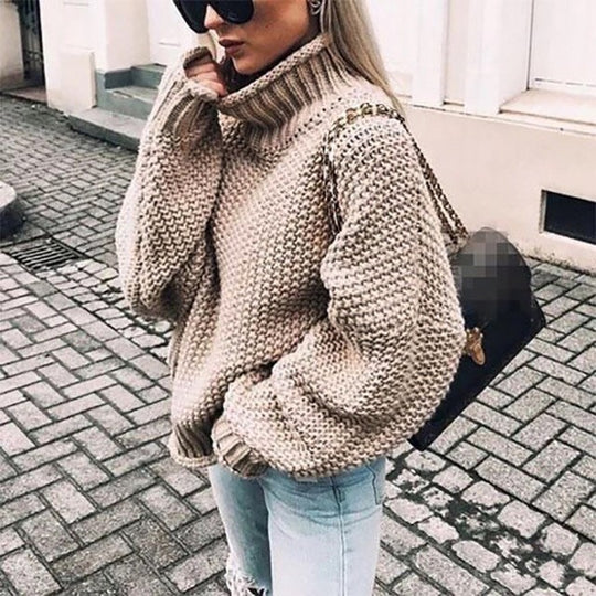 Damen Grobstrick Pullover mit Stehkragen und voluminösen Ärmeln EB