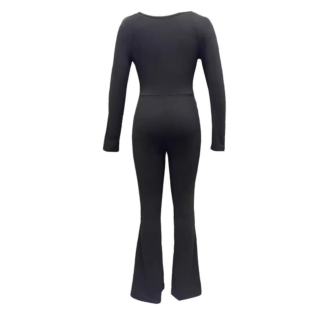Damen Langarm Jumpsuit mit elegantem Quadrat-Ausschnitt und weitem Bein EB