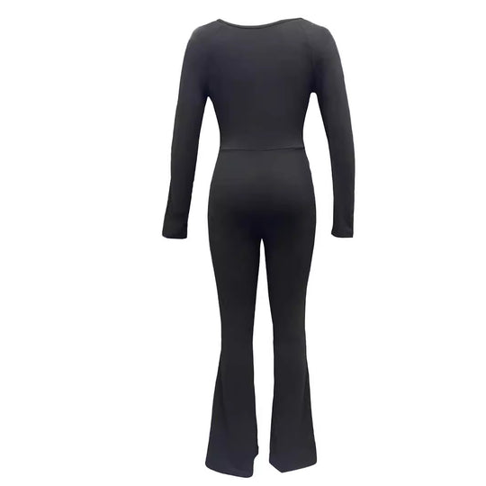 Damen Langarm Jumpsuit mit elegantem Quadrat-Ausschnitt und weitem Bein EB