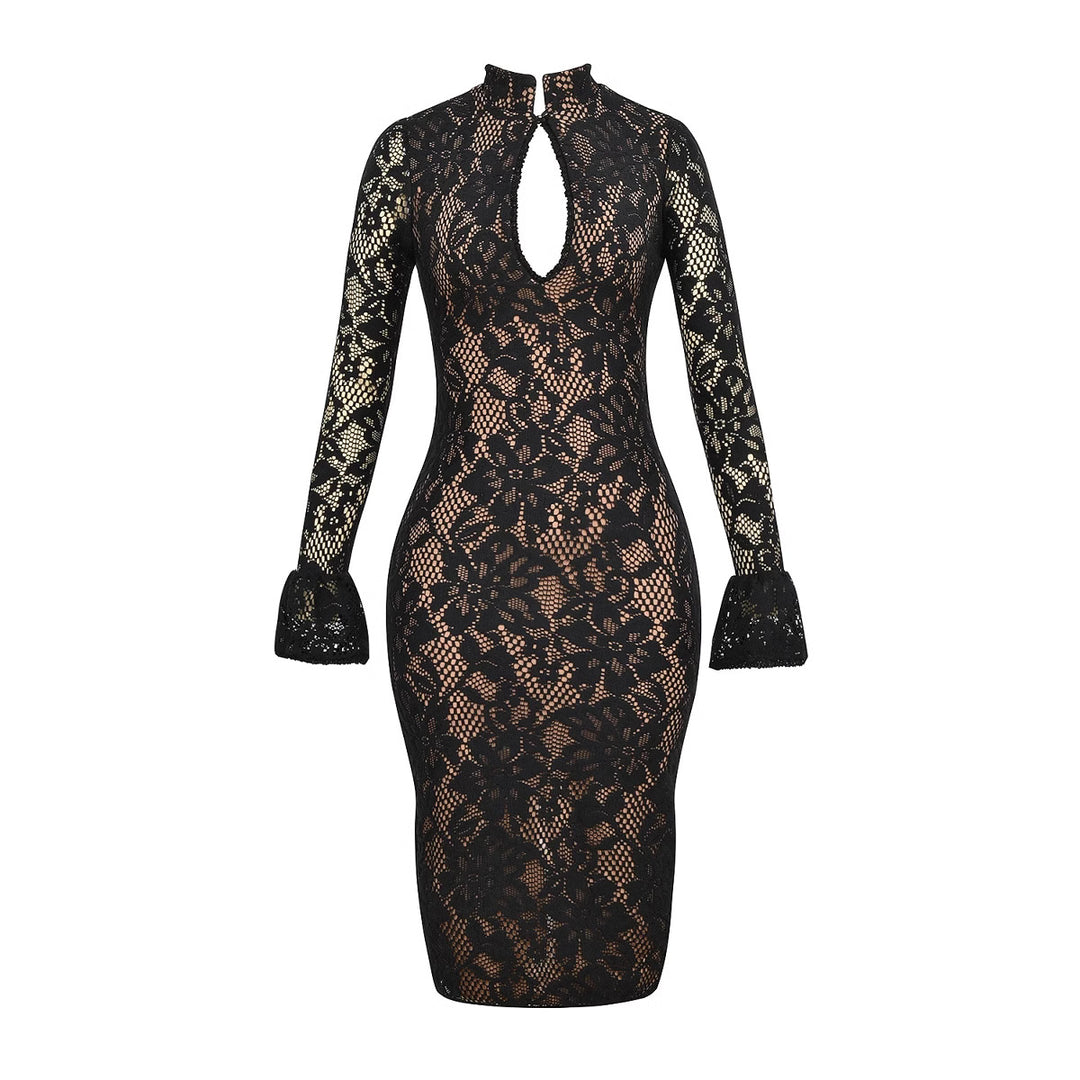 Damen Elegantes Spitzenkleid mit hochgeschlossenem Kragen und voluminösen Ärmel EB