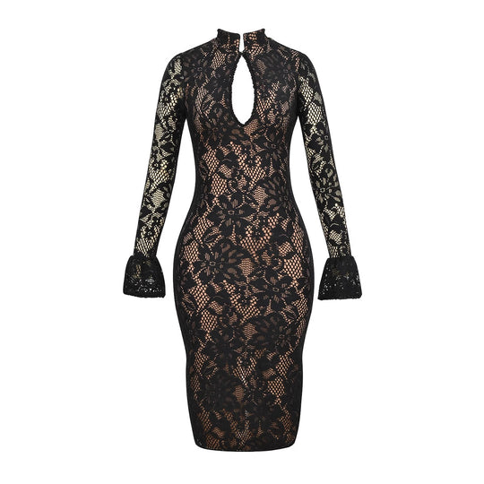 Damen Elegantes Spitzenkleid mit hochgeschlossenem Kragen und voluminösen Ärmel EB