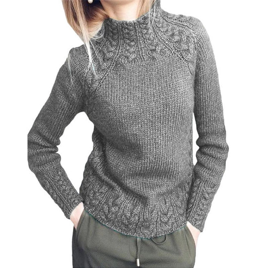 Damen nan grobgestrickter Zopfmuster-Pullover mit Stehkragen und tailliertem Schnitt EB