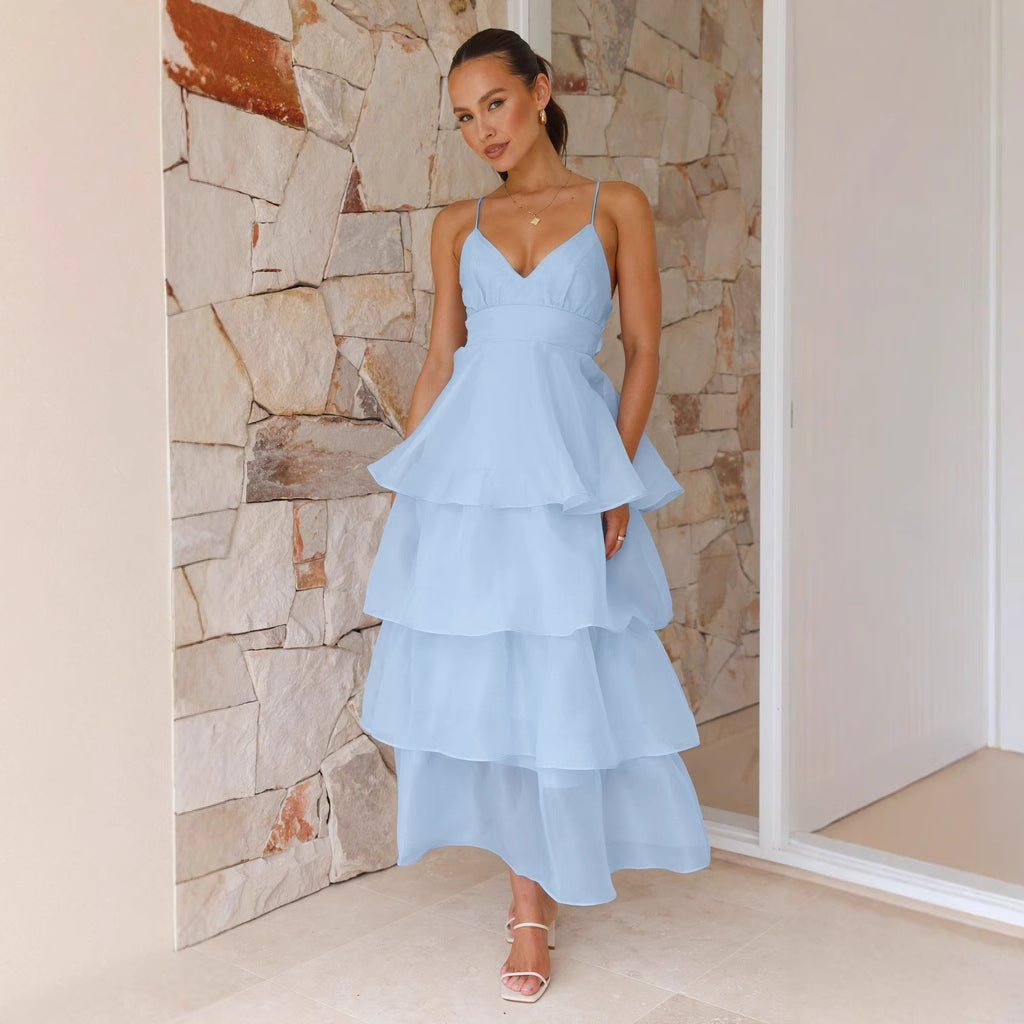 Damen luftiges Maxikleid mit Schichten und Spaghettiträgern EB
