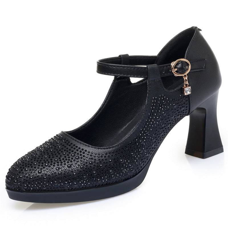 Damen Hochwertige Pumps mit funkelndem Strassbesatz und elegantem Riemen EB