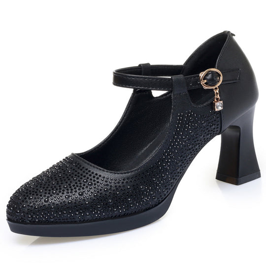 Damen Hochwertige Pumps mit funkelndem Strassbesatz und elegantem Riemen EB