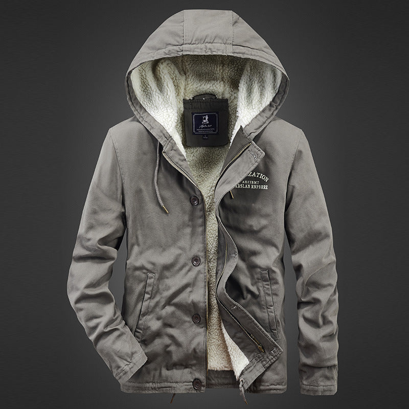 Herren Kapuzen-Canvasjacke mit durchgehendem Teddyfutter und verdeckter Druckknopfleiste EB