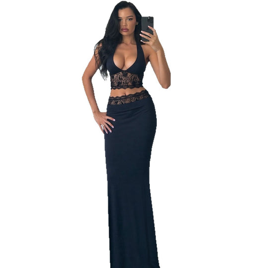 Damen Langer Sommerrock mit tiefem V-Ausschnitt und eleganter Spitzenapplikation EB