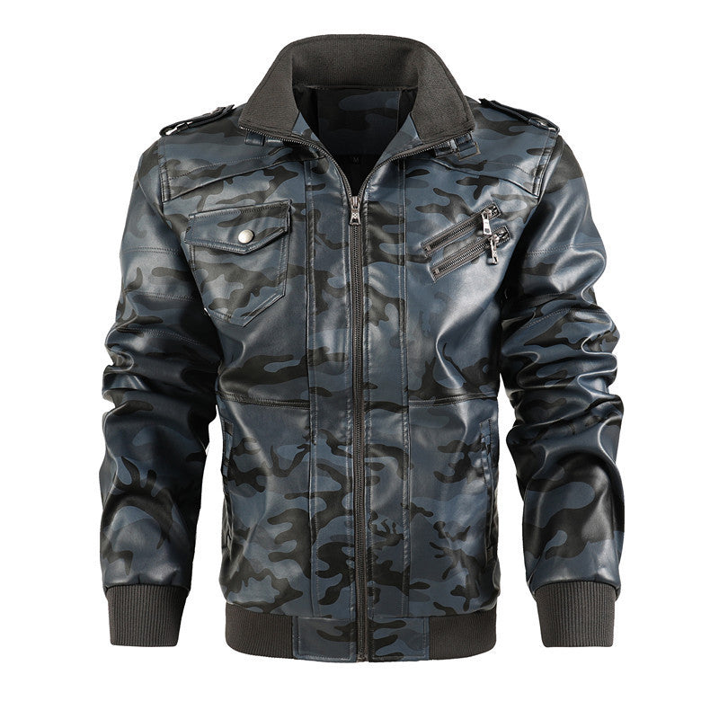 Herren Camouflage Kunstleder Biker-Blouson mit Schulterklappen, Reißverschluss‑Detail und Rippbündchen EB