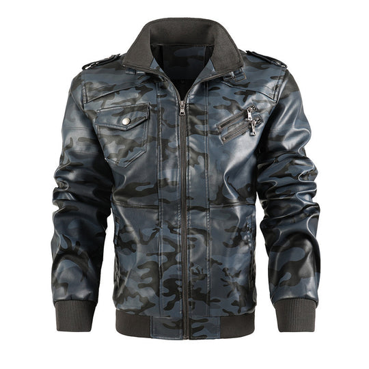 Herren Camouflage Kunstleder Biker-Blouson mit Schulterklappen, Reißverschluss‑Detail und Rippbündchen EB