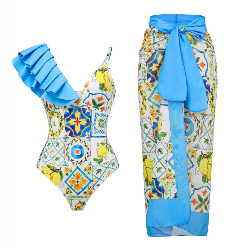 Damen Einseitiger Rüschenschwimmanzug mit floralem Muster EB