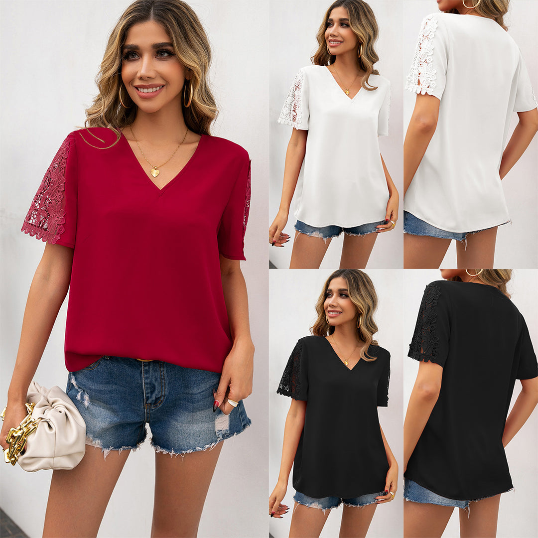 Damen Bluse mit Spitzenakzenten und V-Ausschnitt EB