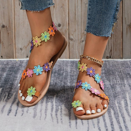 Damen Sommer Sandalen mit buntem Blüten-Design und rutschfester Sohle EB