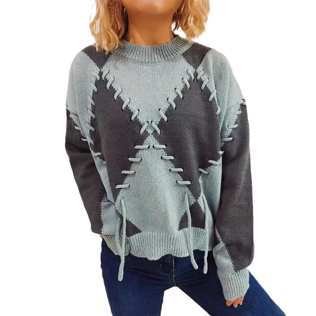 Damen gemütlicher Strickpullover mit auffälligem Design und modernen Schnürdetails EB