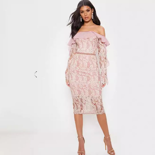 Damen Figurbetontes Spitzenkleid mit schulterfreiem Design und Rüschendetails EB