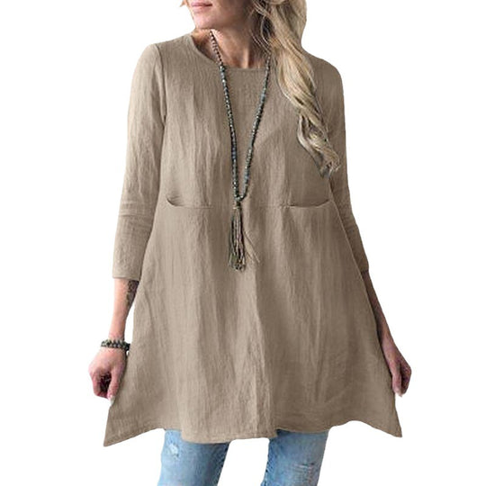Damen lässiges Tunika-Kleid mit praktischen Taschen und 3/4-Ärmeln EB