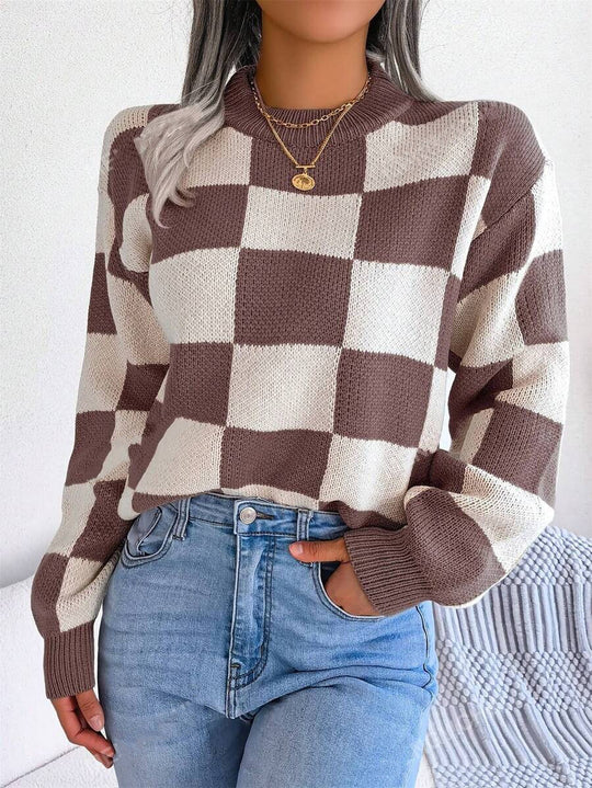 Damen modischer Pullover mit Karomuster und weitem Schnitt EB