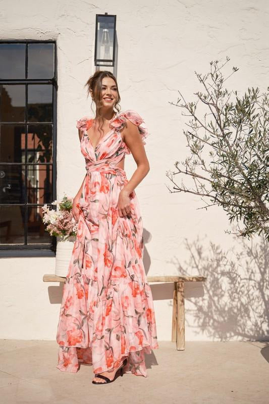 Damen Maxi-Kleid mit floralen Rüschen und schwingendem Design EB