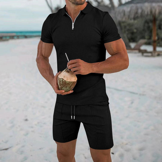 Herren lässiges Kurzarm-Set mit strukturiertem Polo und modischen Shorts EB