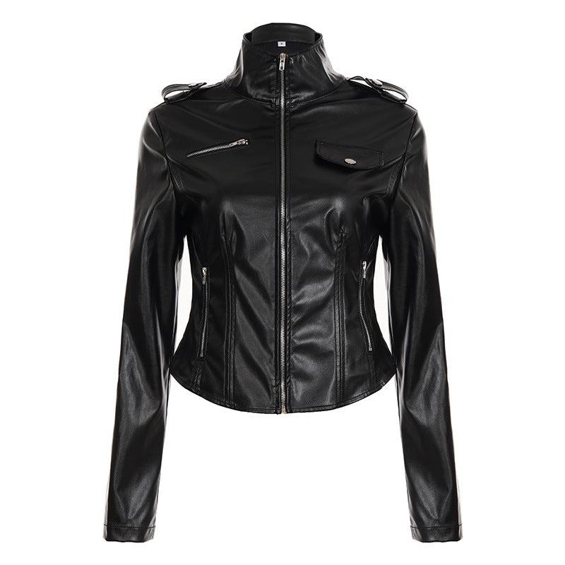 Damen nan taillierte Kunstleder-Bikerjacke mit Stehkragen, Schulterpatten und Reißverschlusstaschen EB