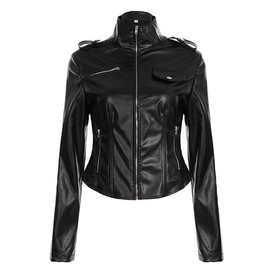 Damen nan taillierte Kunstleder-Bikerjacke mit Stehkragen, Schulterpatten und Reißverschlusstaschen EB