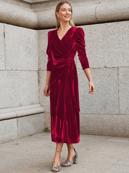 Damen Elegantes Wickelkleid mit Puffärmeln und Goldakzenten EB