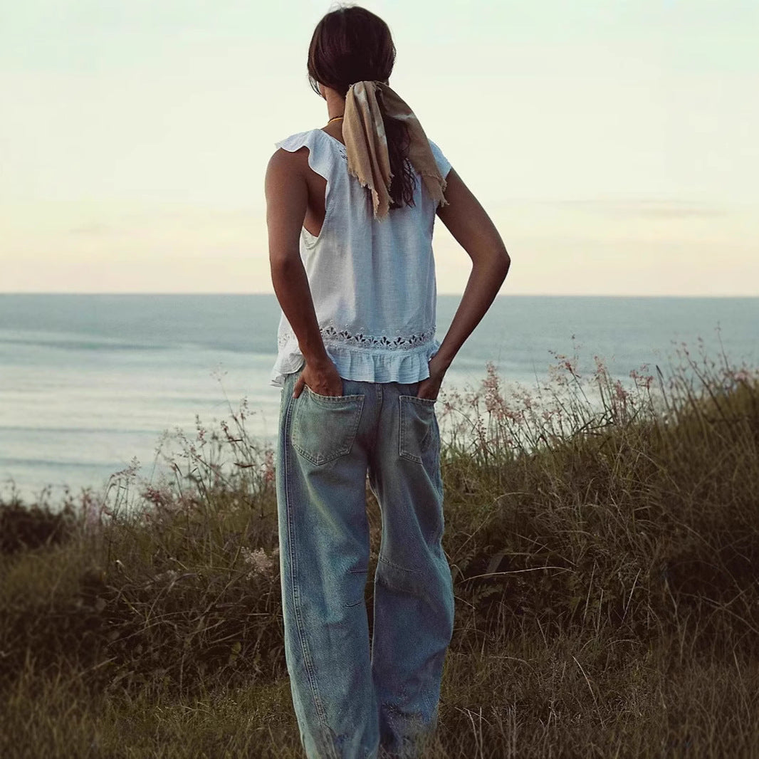 Damen luftiger Leinen-Crop-Top mit Rüschen EB