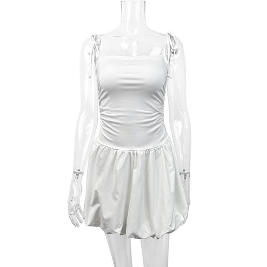 Damen verspieltes Minikleid mit Spaghetti-Trägern und gerafftem Rock EB
