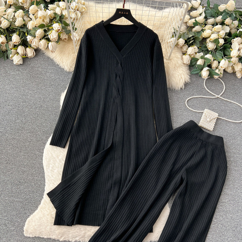 Damen elegantes Strickanzug mit V-Ausschnitt und weitem Bein EB