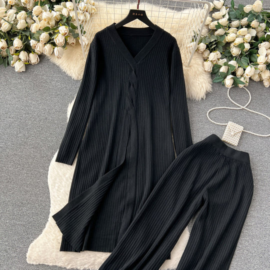 Damen elegantes Strickanzug mit V-Ausschnitt und weitem Bein EB