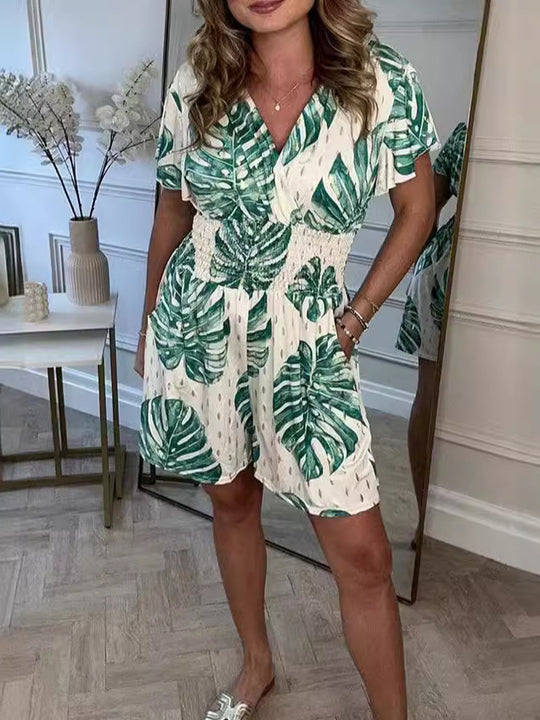 Damen Wickel-Jumpsuit mit floralem Muster und elastischem Bund EB