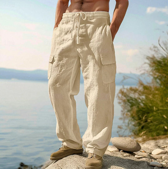Herren nan weite Casual-Cargohose aus Leinen-Baumwollmix mit Elastikbund, Tunnelzug und großen Pattentaschen EB