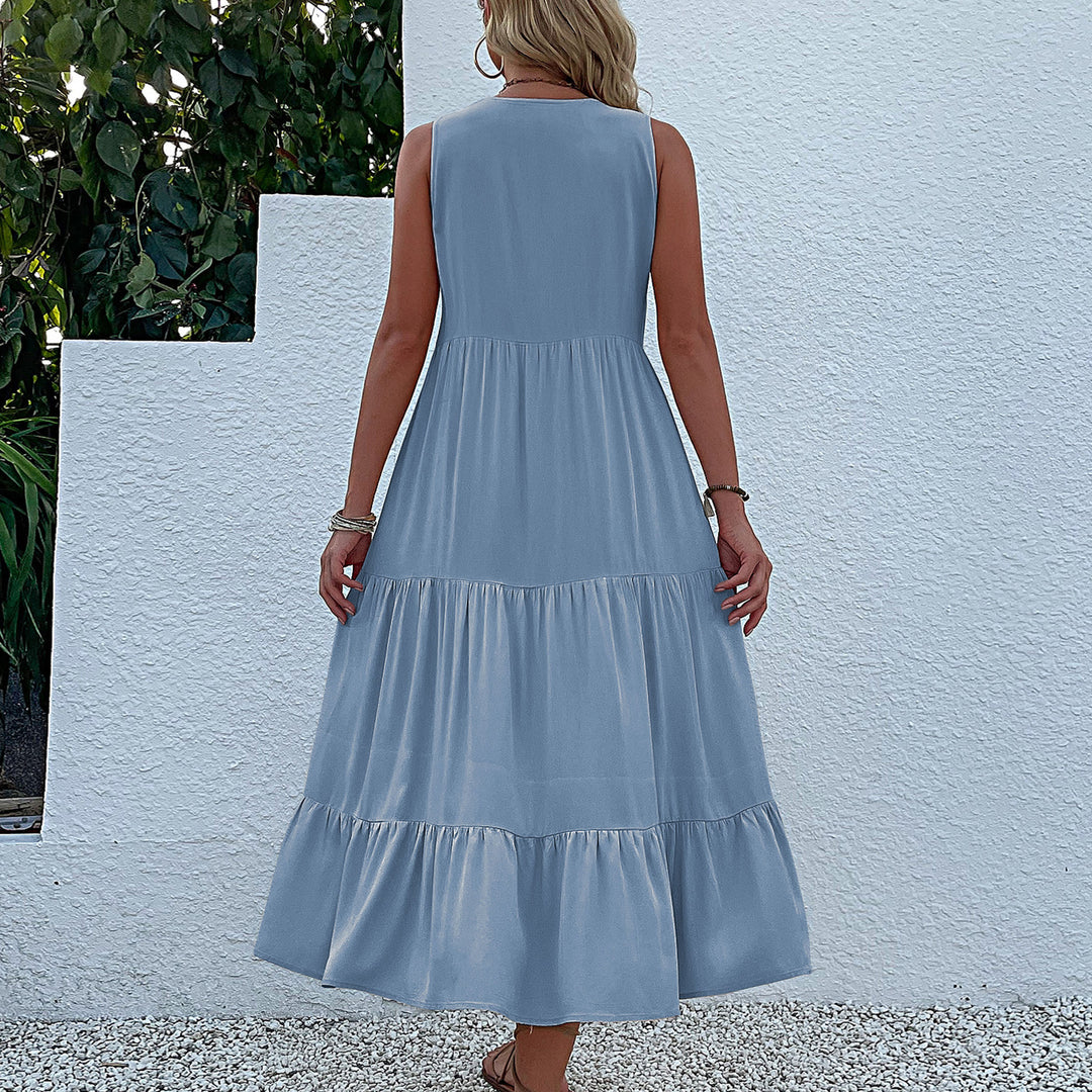 Damen Maxikleid mit Knopfdetail und voluminösem Rock EB