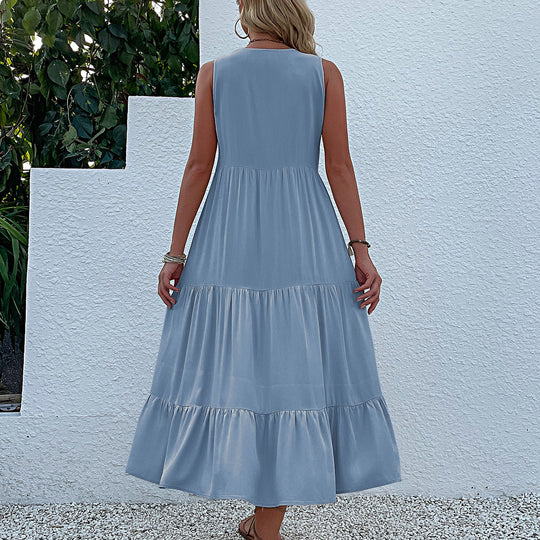 Damen Maxikleid mit Knopfdetail und voluminösem Rock EB