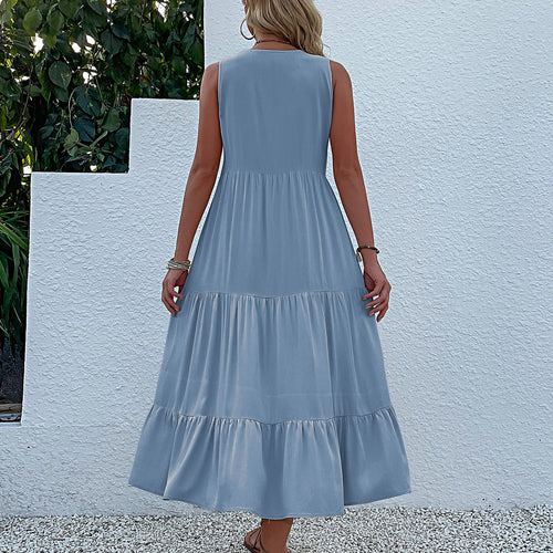 Damen Maxikleid mit Knopfdetail und voluminösem Rock EB