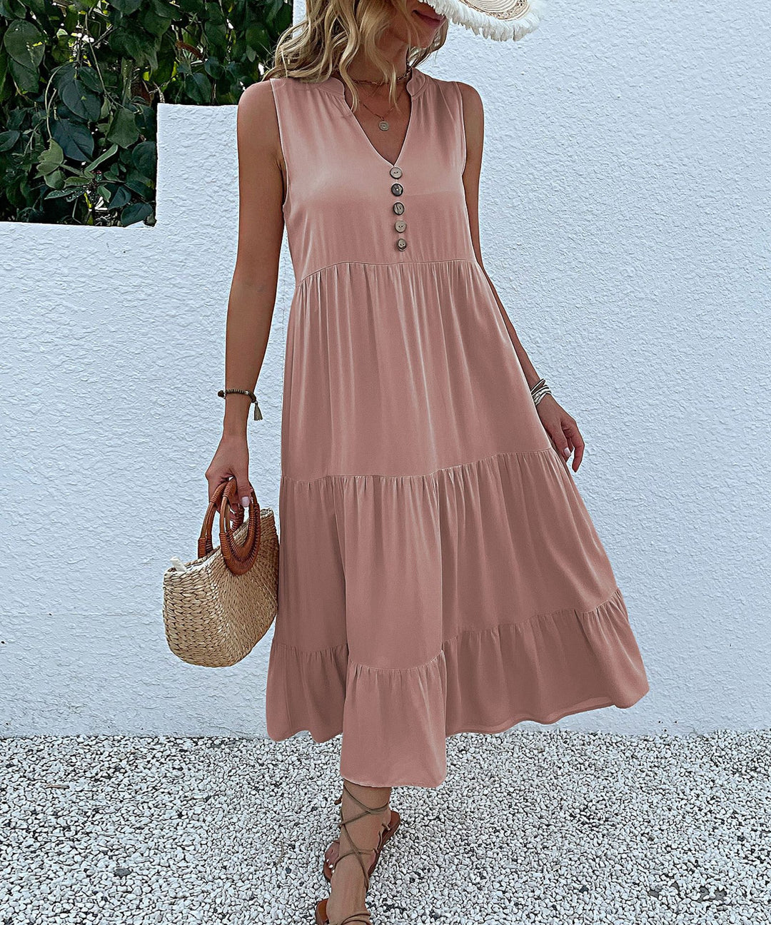 Damen lässiges Knopfkleid mit Rüschendetails und dekorativem Saum EB