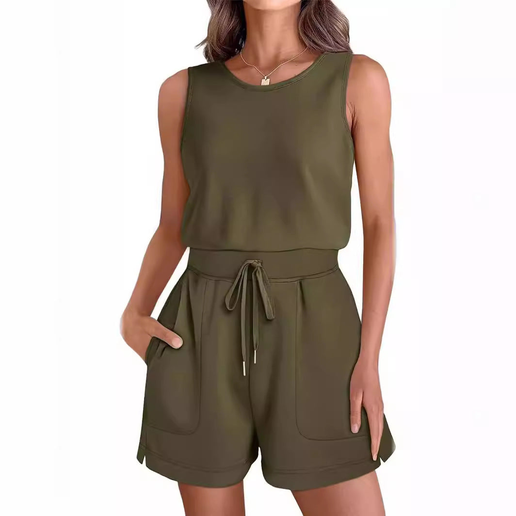 Damen Bequemer Kurzoverall mit seitlichen Taschen und verstellbarem Bund EB