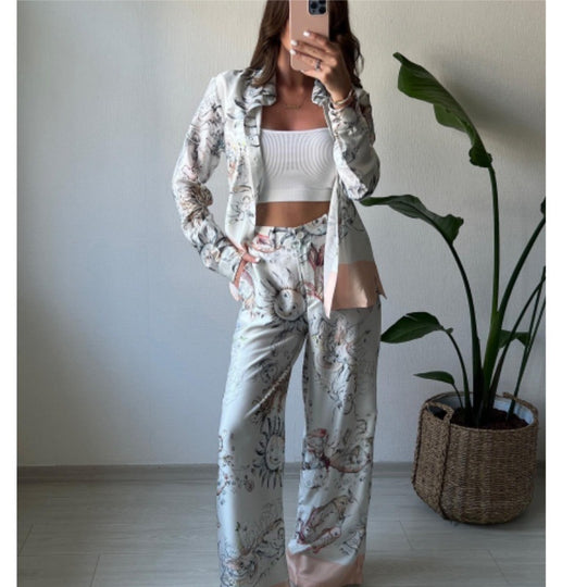 Damen Überschnittenes Satin-Hosenanzug mit floralem Design EB