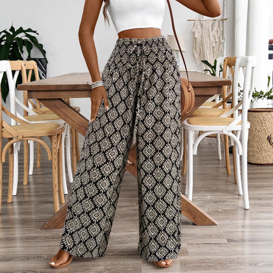 Damen Weitgeschnittene Palazzohose mit elastischem Bund und verspieltem Muster EB