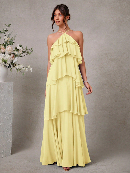 Damen Maxikleid mit voluminösen Rüschendetails und elegantem V-Ausschnitt EB